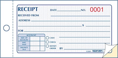 Rediform Money Receipt Books, Carbonless, 2 Parts, 2 3/4 x 5, 50 Sheets (8L820)