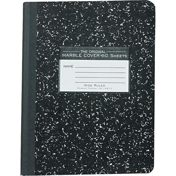 Roaring Spring Paper Products Black Marble Composition Book, 9.75 x 7.5, Wide Ruled with Margin, 60 Sheets, Black (77222)