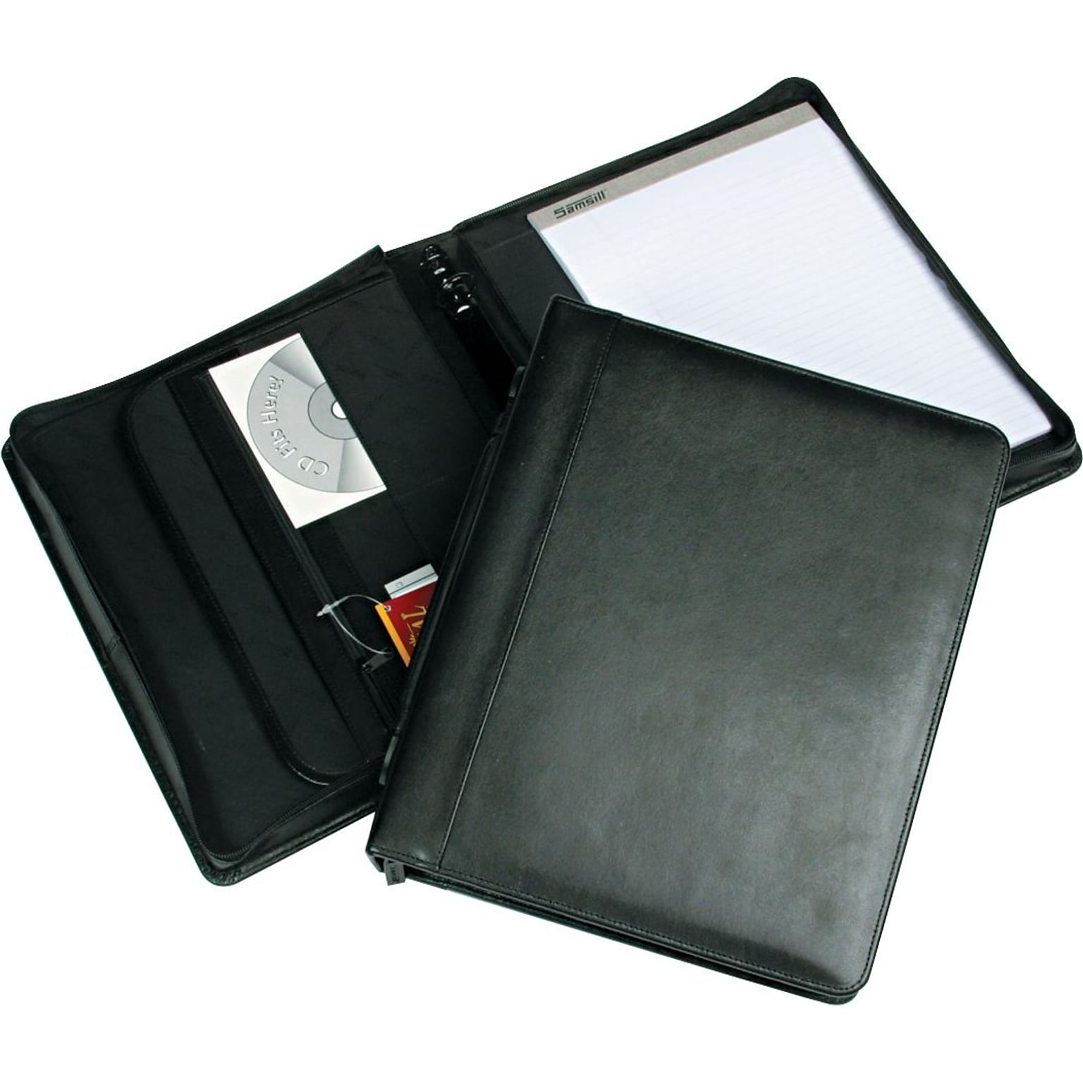 Samsill Regal Genuine Leather Zipper Ring Binder Padfolio, 8 1/2 x 11, Black (15540)