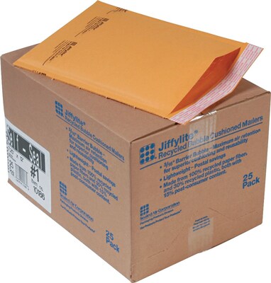 Sealed Air Corporation Jiffylite Self Seal Kraft Cushioned Mailers, Side Seam, #1, Satin Gold, 7 1/4W x 12L, 25/Ct
