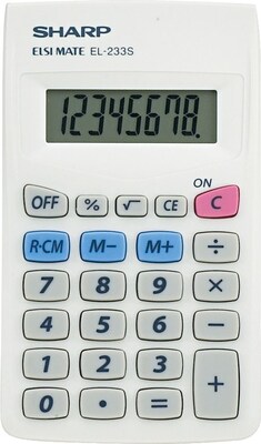 Sharp Elsi Mate EL233S 8-Digit Pocket Calculator, 160/Box, White