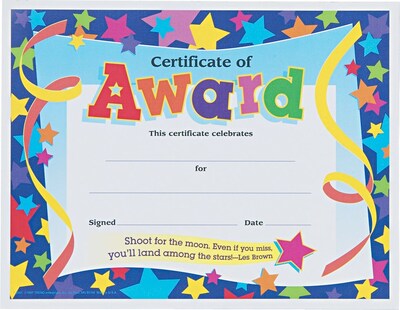 Trend Enterprises© "Certificate of Award" Certificates, Assorted Colors, 8 1/2"H x 11"W, 30/Pk