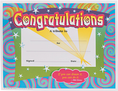 Trend Enterprises "Congratulations" Award Certificates, Assorted Colors, 8 1/2"H x 11"W, 30/Pk