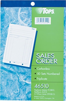 TOPS 3-Part Carbonless Sales Orders, 5-1/2 x 7-7/8, (46510)