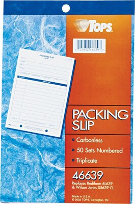 TOPS® Packing List 3-Part Carbonless Book, White/Canary/Pink, 8 7/16 x 5 9/16 (46639)