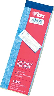 TOPS® Money/Rent Receipt Book-Multiple Parts, Ruled, 2-Part, White/Canary, 7 3/16 x 2 3/4, 1/Ea