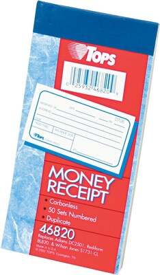 TOPS 2-Part Money/Rent Receipt Book, 5.37 x 2.75, White, 50 Forms (46820)