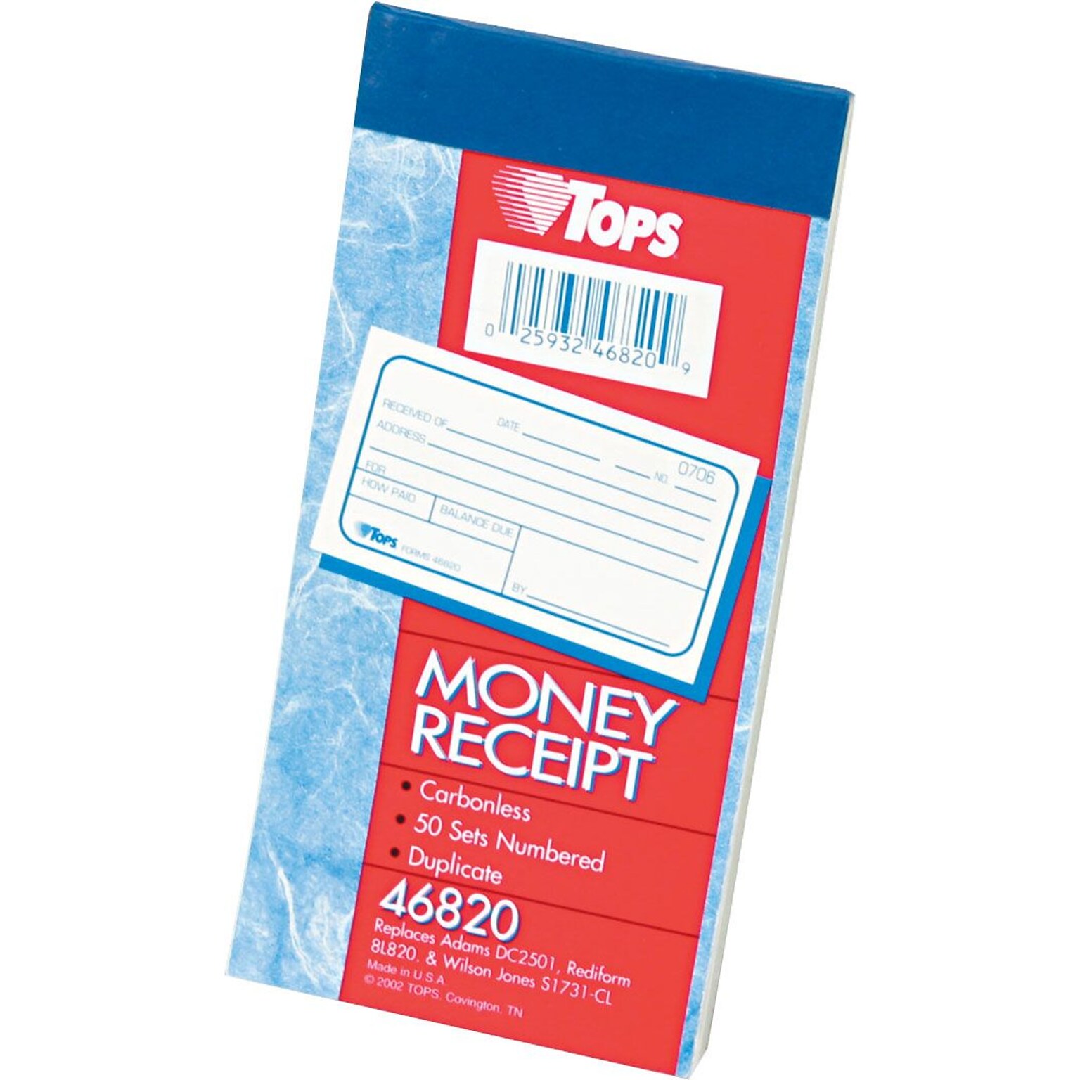 TOPS 2-Part Money/Rent Receipt Book, 5.37 x 2.75, White, 50 Forms (46820)