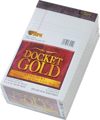 Docket® Gold Notepad, jr. Legal Rule, White, 20 lb, Rigid Back, 50 Sheets/Pad, 12 Pads/Pack, 5 x 8