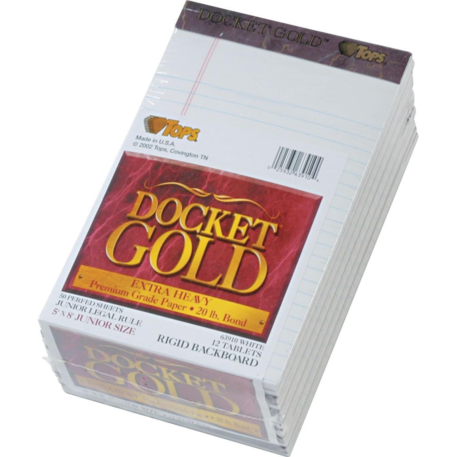 Docket® Gold Notepad, jr. Legal Rule, White, 20 lb, Rigid Back, 50 Sheets/Pad, 12 Pads/Pack, 5 x 8