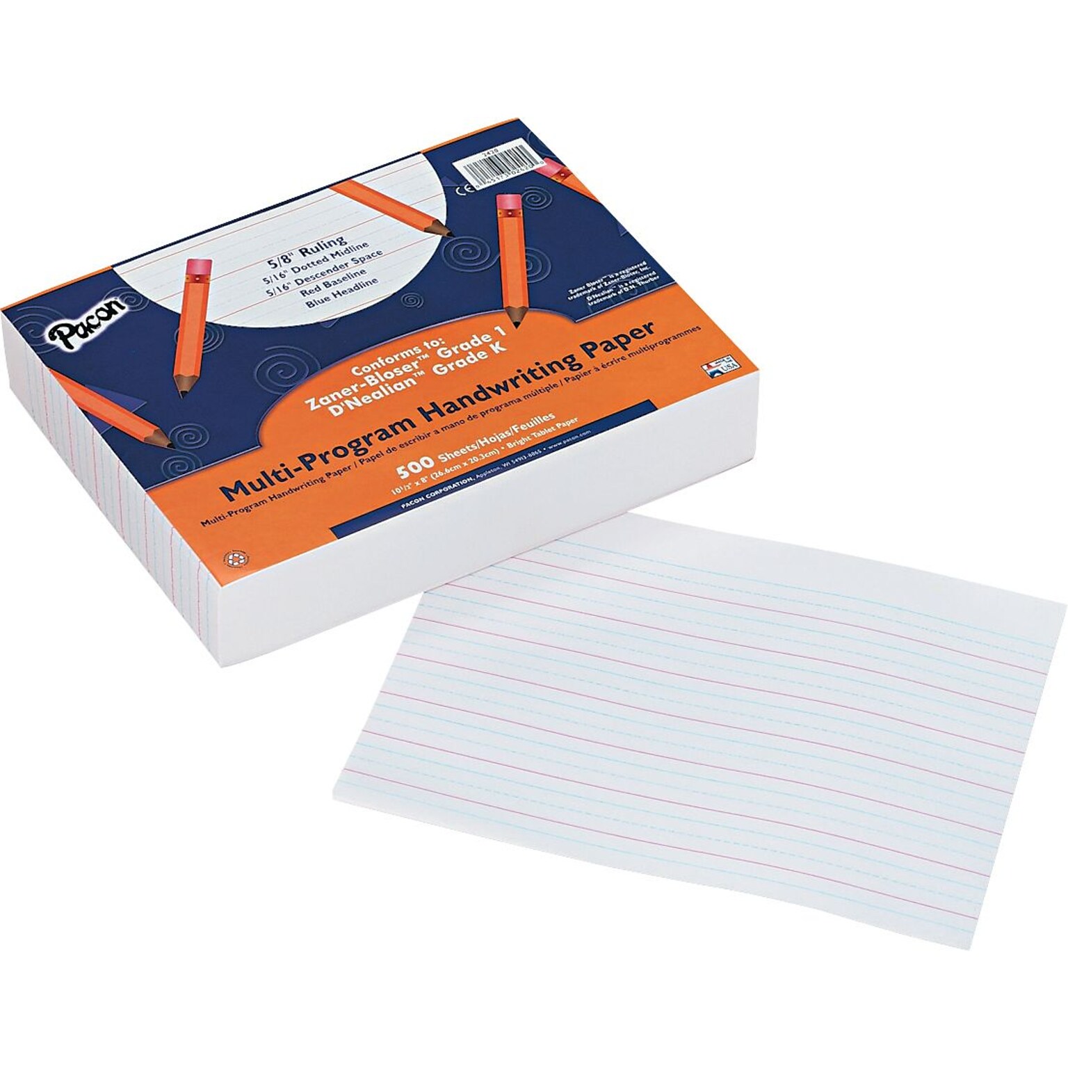 Pacon DNealian/Zaner-Bloser Multi-Program Handwriting Papers with Skip Space 10-1/2 x 8, 5/8Ruling, White, 500 Sheets/Pk