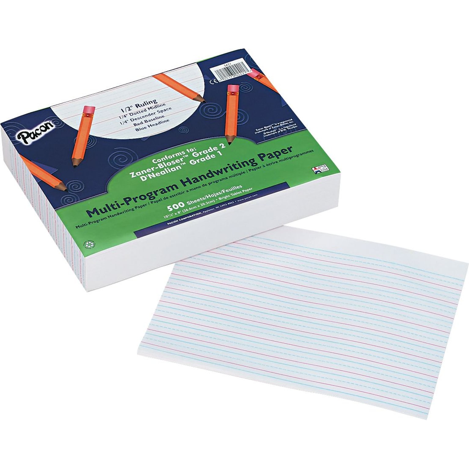 Pacon DNealian/Zaner-Bloser Multi-Program Handwriting Papers with Skip Space 10-1/2x 8, 1/2 Ruling, White, 500 Sheets/Pk
