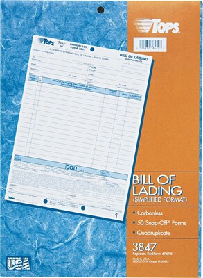 TOPS® Bill of Lading Unit Set, Ruled, 4-Part Carbonless, 11-7/16 x 8-1/2, 50/Pack (3847)