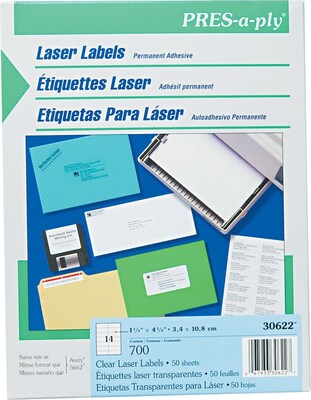 Avery® PRES-a-ply® 30622 Clear Address Label, 1 1/3(W) x 4 1/4(L), 700/Box
