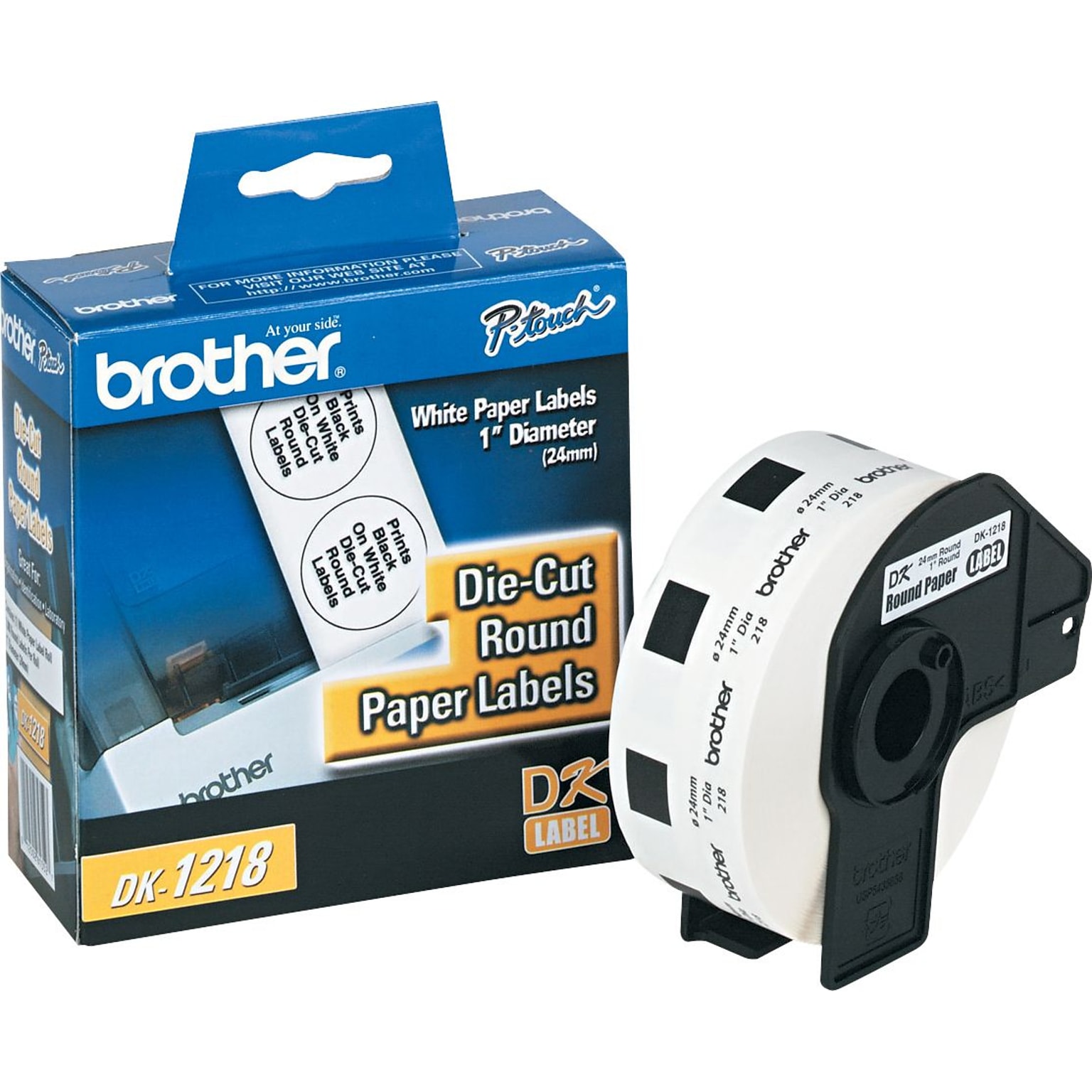 Brother P-Touch Label Printer Round Die-Cut Paper Labels, DK1218, White, 1 x 1, 1,000/Roll