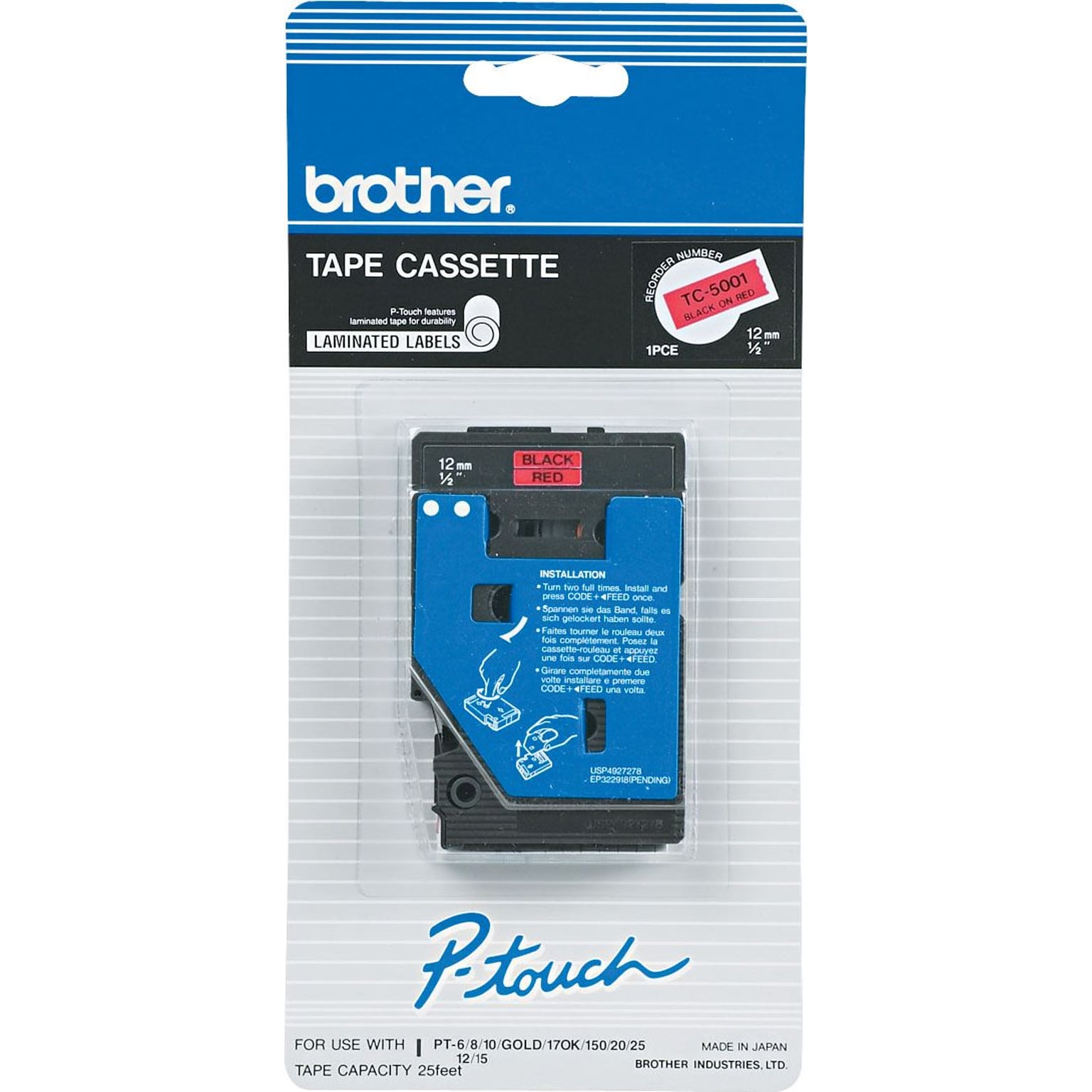 Brother P-touch TC-5001 Laminated Label Maker Tape, 1/2 x 25-2/10, Black on Red (TC-5001)