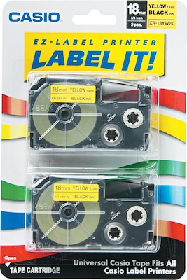 Casio XR18YW2S Label Maker Tape, 3/4W, Black on Yellow, 2/Pack