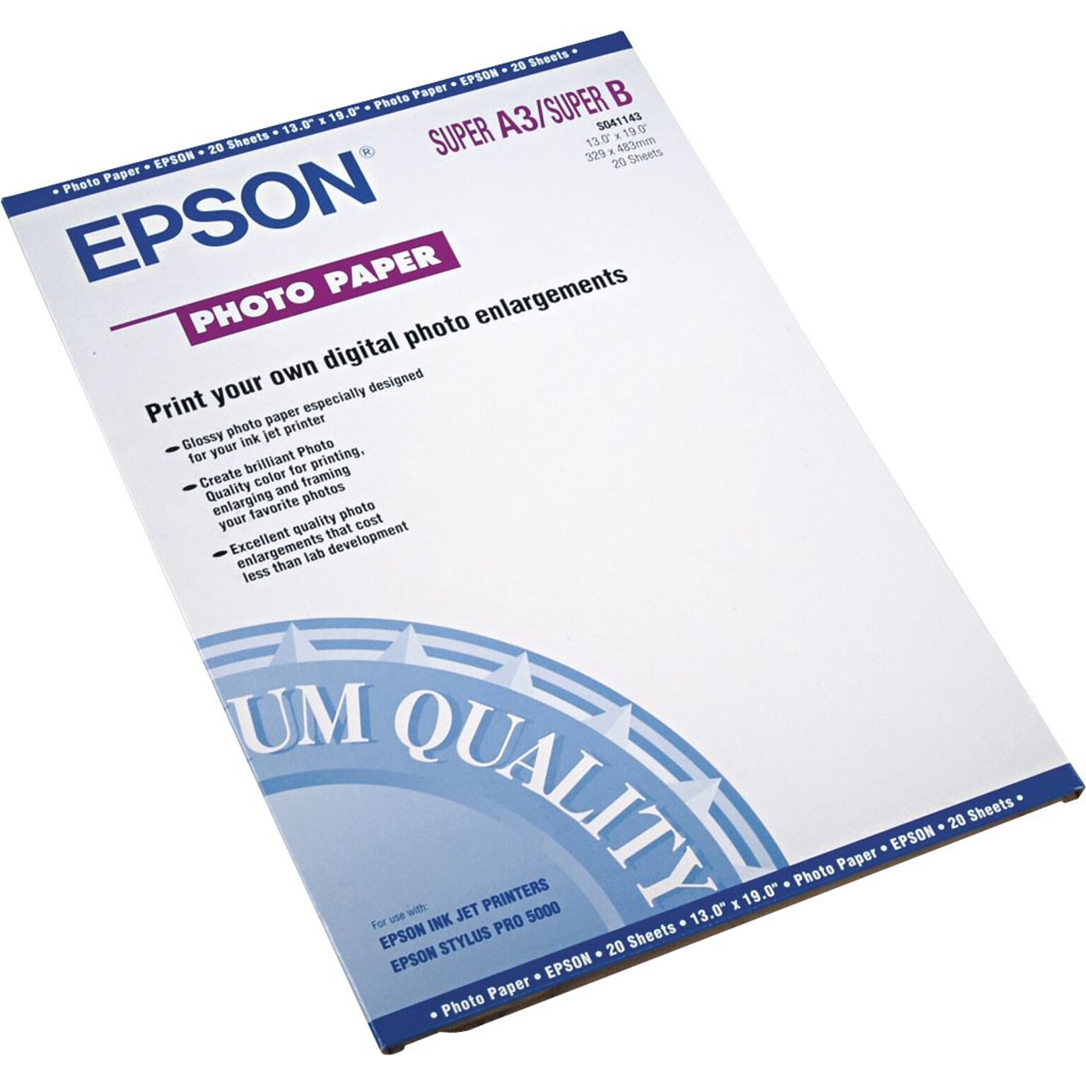 Epson Glossy Photo Paper, 13 x 19, 20 Sheets/Pack (EPSS041143)