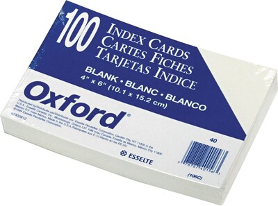 Oxford Index Cards, 4" x  6", White, 100 Cards/Pack (40EE)