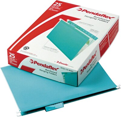 Pendaflex Reinforced Hanging File Folders, 1/5 Tab, Letter Size, Aqua, 25/Box (PFX 4152 1/5 AQU)