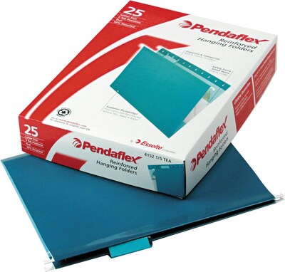 Pendaflex Reinforced Hanging File Folders, 1/5 Tab, Letter Size, Teal, 25/Box (PFX 4152 1/5 TEA)