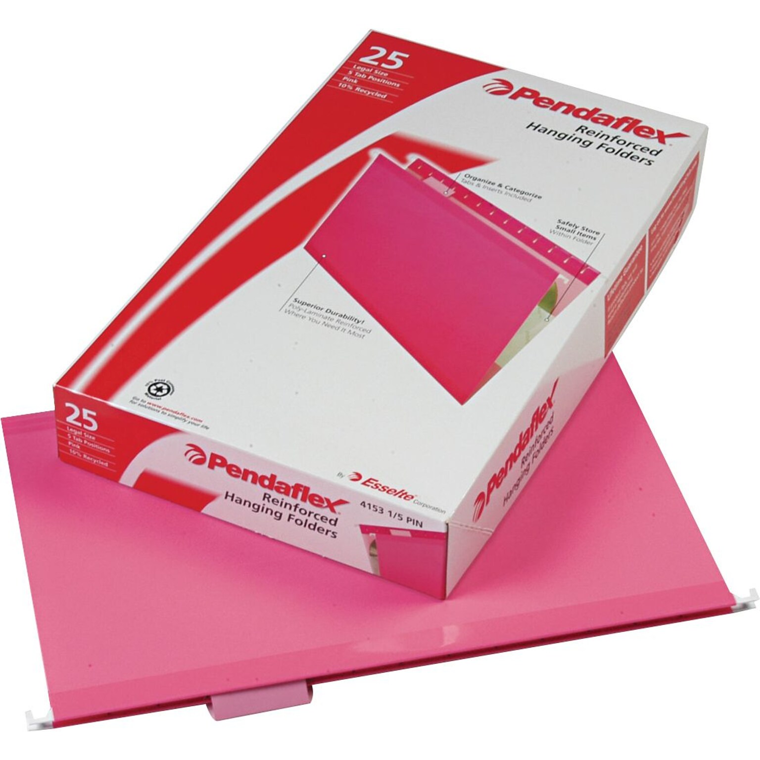 Pendaflex 10 Heavy Duty Reinforced Hanging File Folder, 1/5-Tab, Legal, Pink, 25/Box (04153 1/5 PIN)