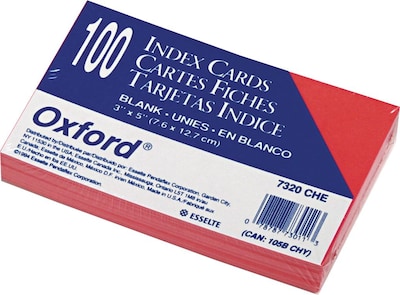 Oxford 3 x 5 Index Cards, Blank, Cherry,  100/Pack (7320CHE)