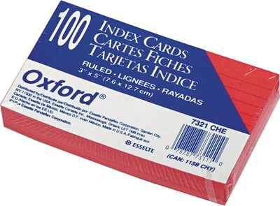 Oxford Lined Index Cards, 3 x 5, Cherry, 100 Cards/Pack (7321 CHE)