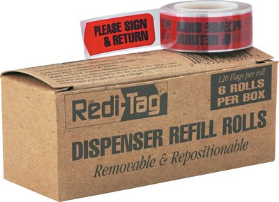 Redi-Tag® Dispenser Printed Arrows Page Flags 6-Roll Refill, "PLEASE SIGN & RETURN", Red, 9/16" x 2", 120/Bx