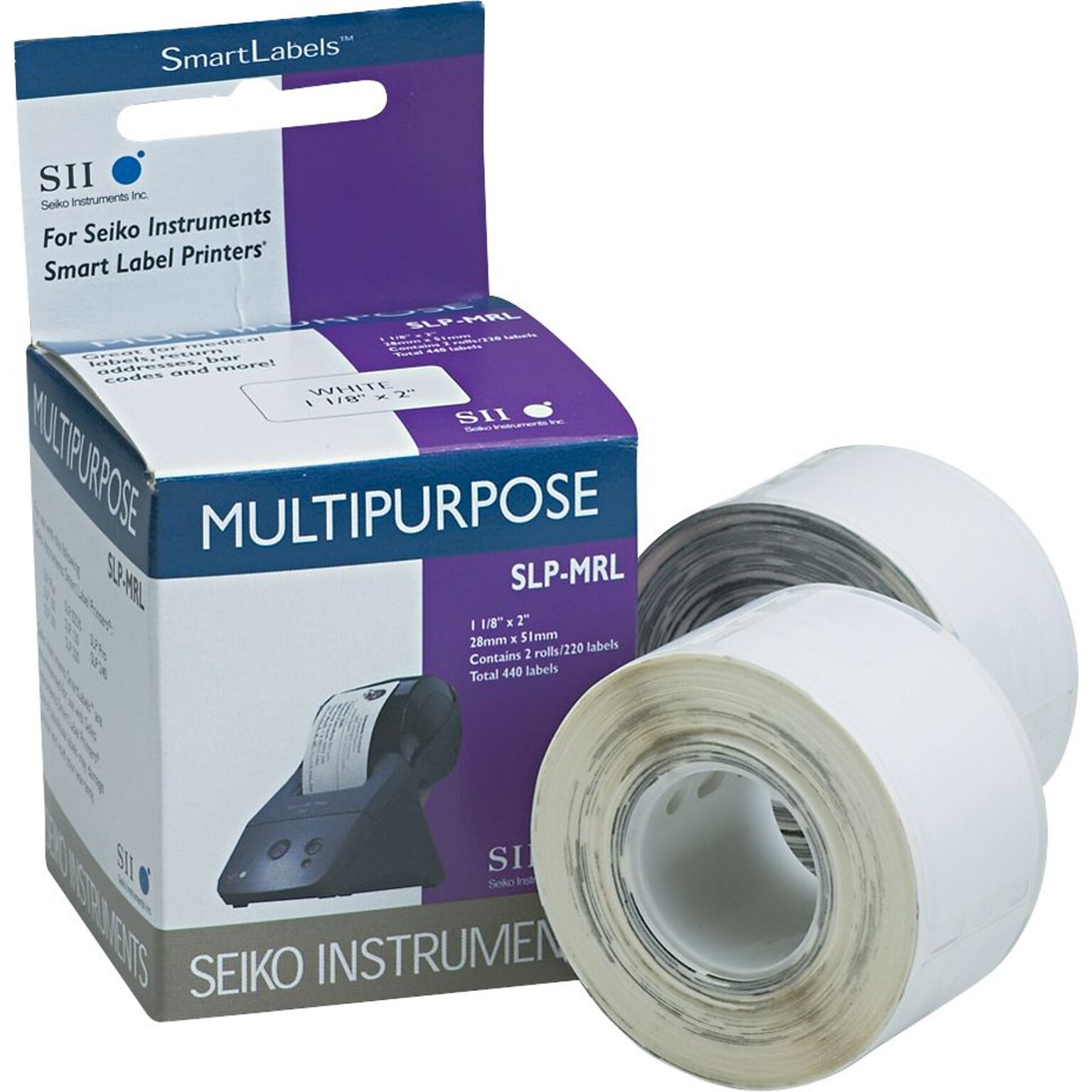 Seiko Self-Adhesive Multiuse Labels for Smart Label Printers, White, 1 1/8 x 2, 440 Labels Per Pack (SLP-MRL)