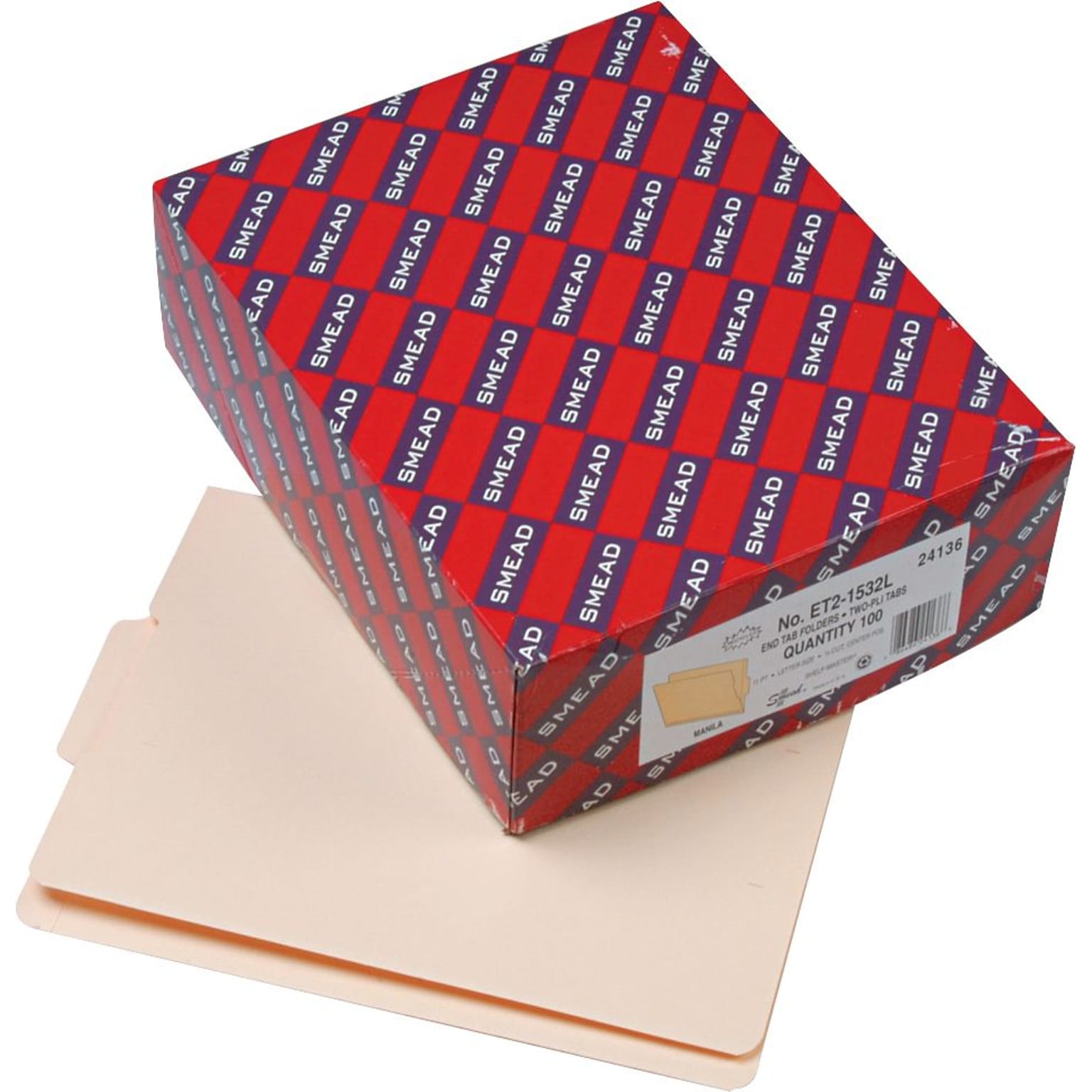 Smead SHELF-MASTER® Reinforced End Tab File Folder, Straight Cut, Letter Size, Manila, 100/Box (24136)