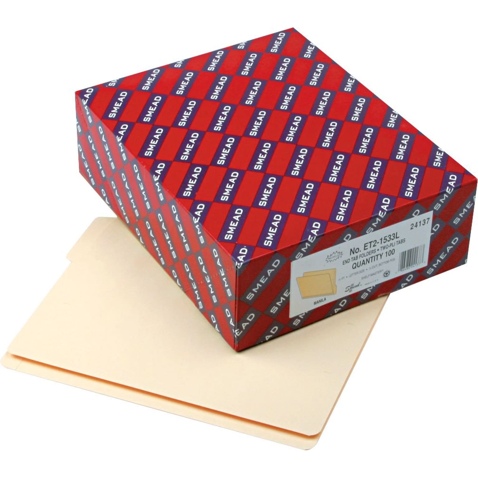 Smead® Shelf-Master Reinforced End-Tab 3-Tab File Folders, Bottom Position, Letter, Manila, 100/Bx (24137)