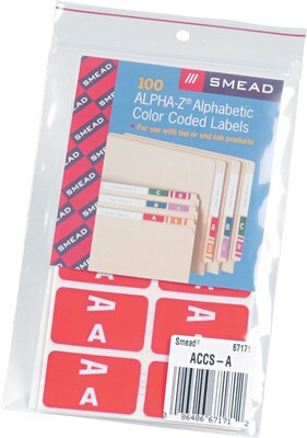 Smead AlphaZ ACCS Color-Coded Alphabetic Labels, A, Label Sheet, Red, 100/Pk (67171)