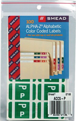 Smead® Alpha-Z Color-Coded Second Letter "P" Labels, 10 Labels Per Sheet, Dark Green, 1"H x 1 5/8"W, 100 Labels/Pk