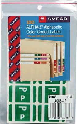 Smead® Alpha-Z Color-Coded Second Letter "P" Labels, 10 Labels Per Sheet, Dark Green, 1"H x 1 5/8"W, 100 Labels/Pk