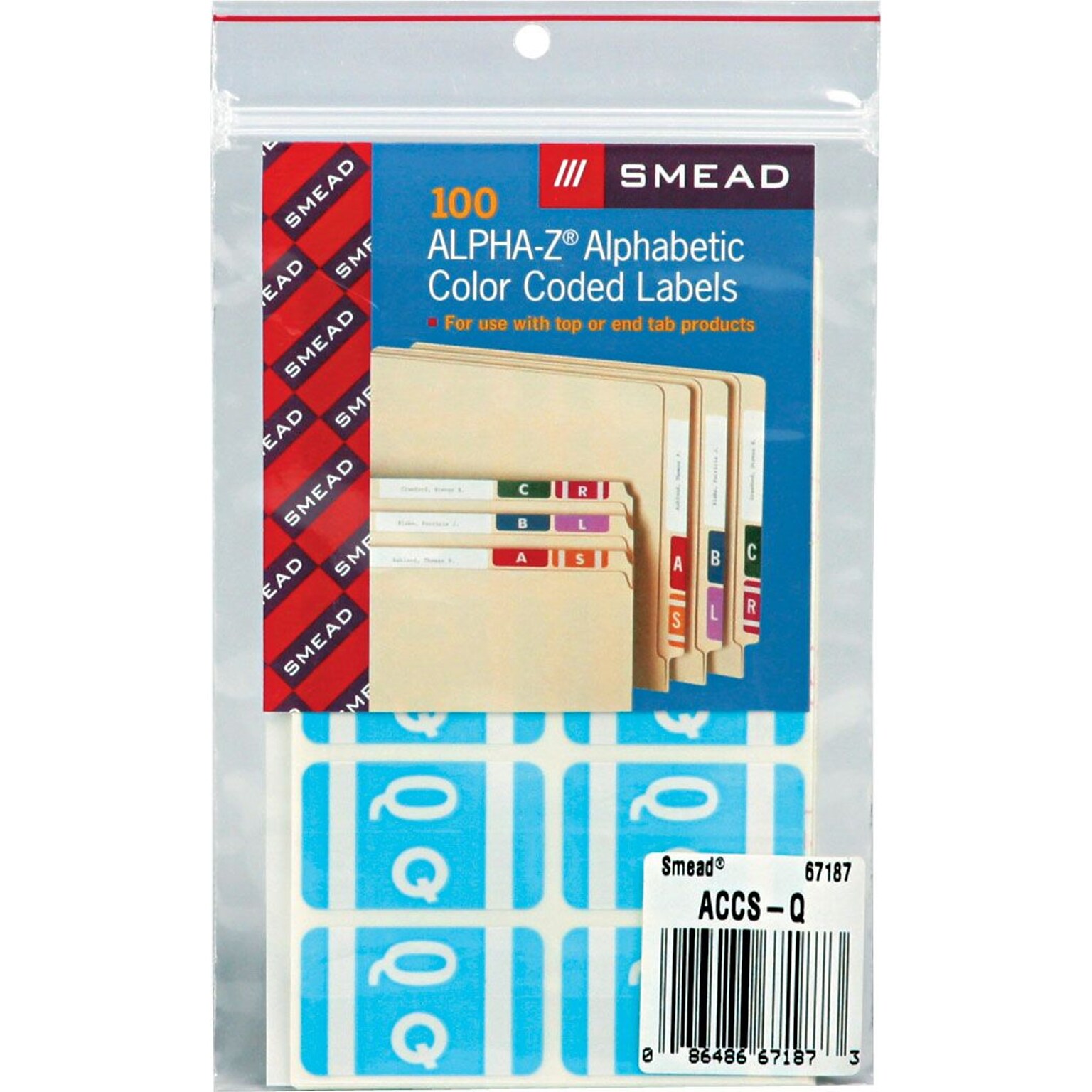 Smead AlphaZ ACCS Color-Coded Alphabetic Labels, Q, Light Blue, 100/Pack (67187)