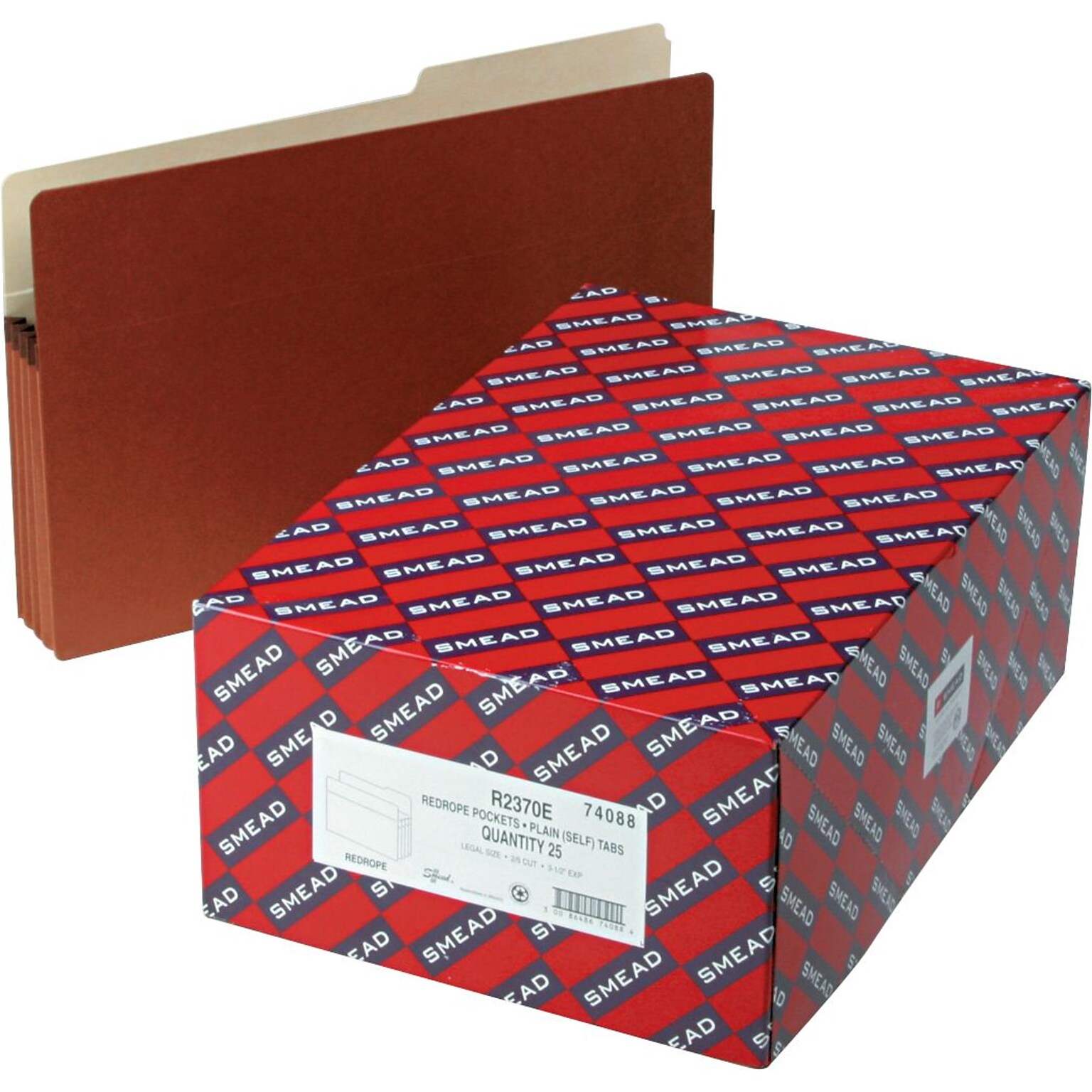 Smead 30% Recycled Reinforced File Pocket, 3 1/2 Expansion, Legal Size, Redrope, 25/Box (R2370E)