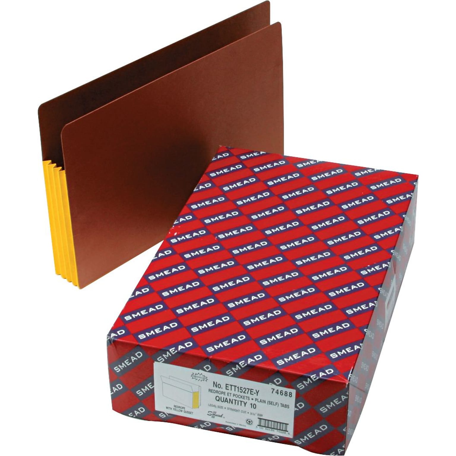 Smead 30% Recycled Reinforced File Pocket, 3 1/2 Expansion, Legal Size, Yellow/Redrope, 10/Box (74688)