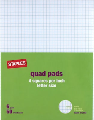 Staples® Quadrille Graph Pads, 50 Sheets, 4 Squares Per Inch, White, 8 1/2"H x 11"W, 36/Ct