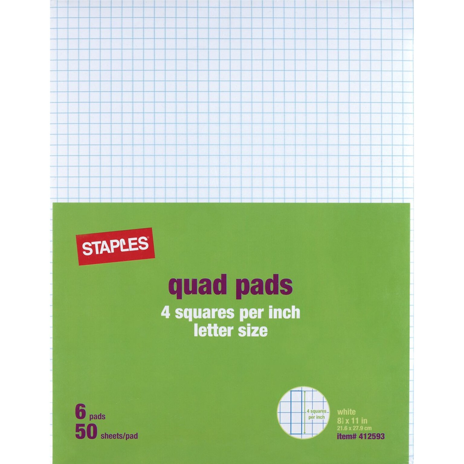 Staples® Quadrille Graph Pads, 50 Sheets, 4 Squares Per Inch, White, 8 1/2H x 11W, 36/Ct