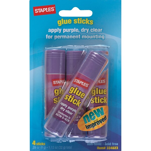 Staples® Washable Colored Glue Sticks, 0.28 oz., 4/Pack (ST10446/10446
