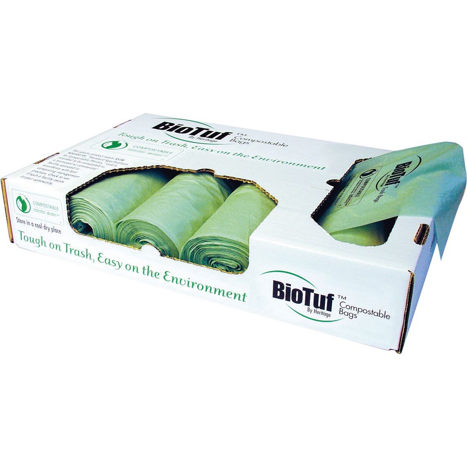 BioTuf 60-64 Gallon Compostable Industrial Trash Bag, 47 x 60, Low Density, 1 Mil, Green, 5 Rolls (Y9460YE R01)