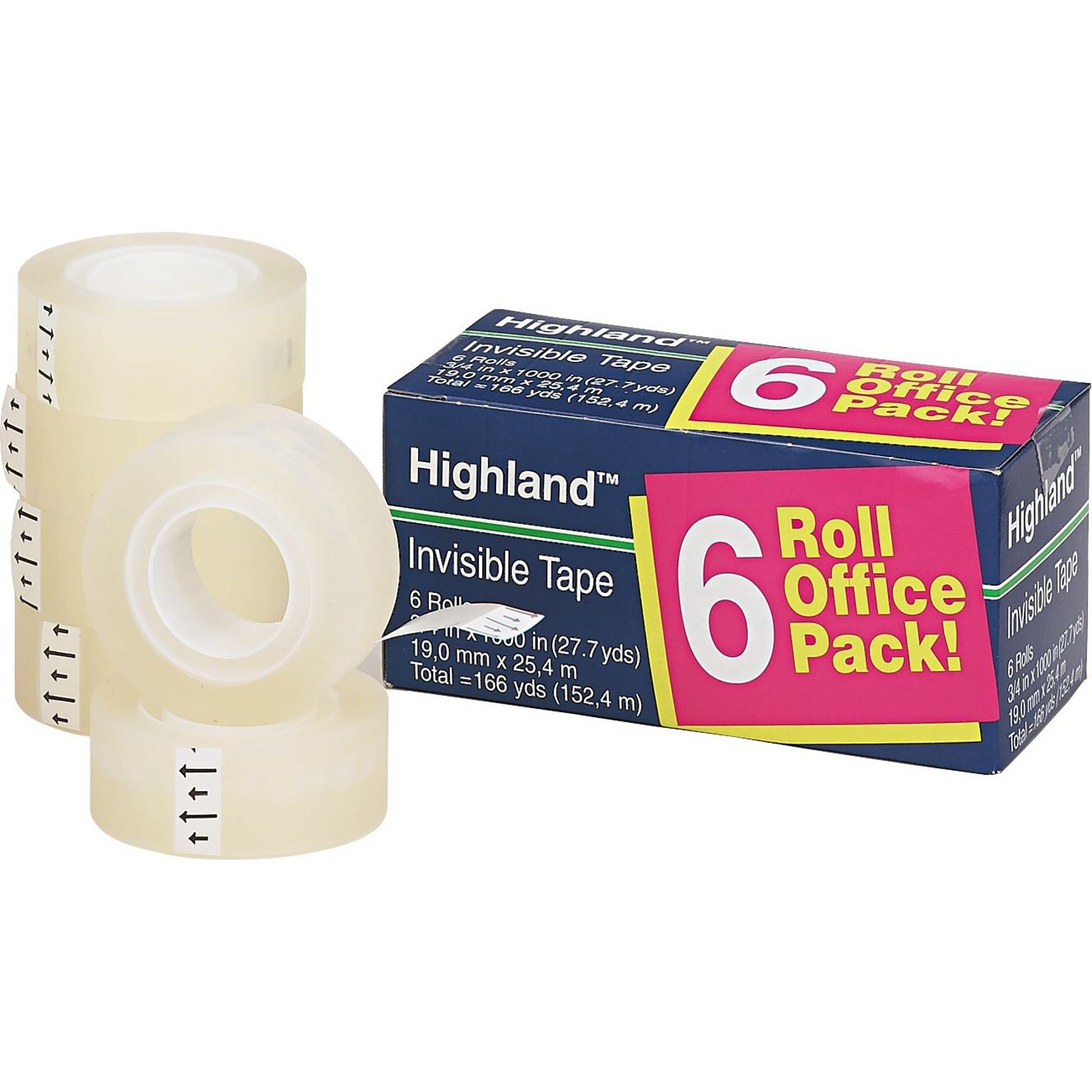 Highland Invisible Clear Tape, 0.75 x 27.7 yds., 1 Core, 6 Rolls/Pack (6200-6PK)