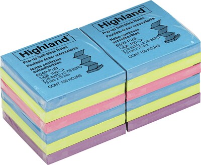Highland Pop-up Notes, 3 x 3, Assorted Collection, 100 Sheet/Pad, 12 Pads/Pack (6549-PUB)