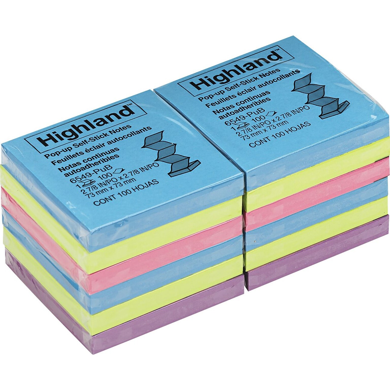 Highland Pop-up Notes, 3 x 3, Assorted Collection, 100 Sheet/Pad, 12 Pads/Pack (6549-PUB)