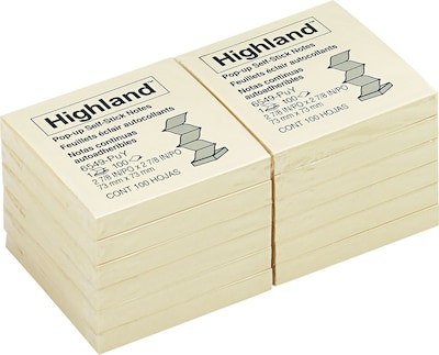 Highland Pop-up Notes, 3" x 3", Yellow, 100 Sheet/Pad, 12 Pads/Pack (6549PUY)