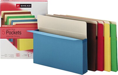Smead File Pockets, 3 1/2 Expansion, Letter, Assorted, 5/Pack (SMD73892)