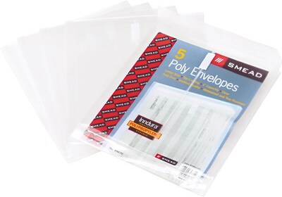 Smead Poly Envelope, 1-1/4 Expansion, Hook-and-Loop Closure, Top Load, Letter Size, Clear, 5 per Pack (89670)