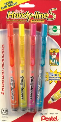 Pentel® Recycled Handy-Lines Slim Retractable Highlighters, 4/Pack (SXS15BPS4M)