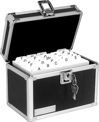 Vaultz Locking Card File Box, Holds 4 x 6 Cards, 450-Card Capacity, Black/Silver